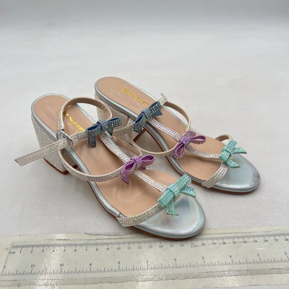 XYD Blue Multi Rhinestone Crystals Chunky Heels Open Toe Sandals Bowknots Shoes - Picture 4 of 8